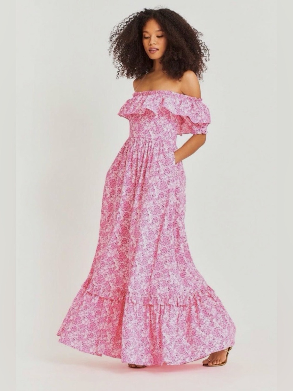 LoveShackFancy Tara Off-Shoulder Pink Floral Maxi Dress NWT Size 12